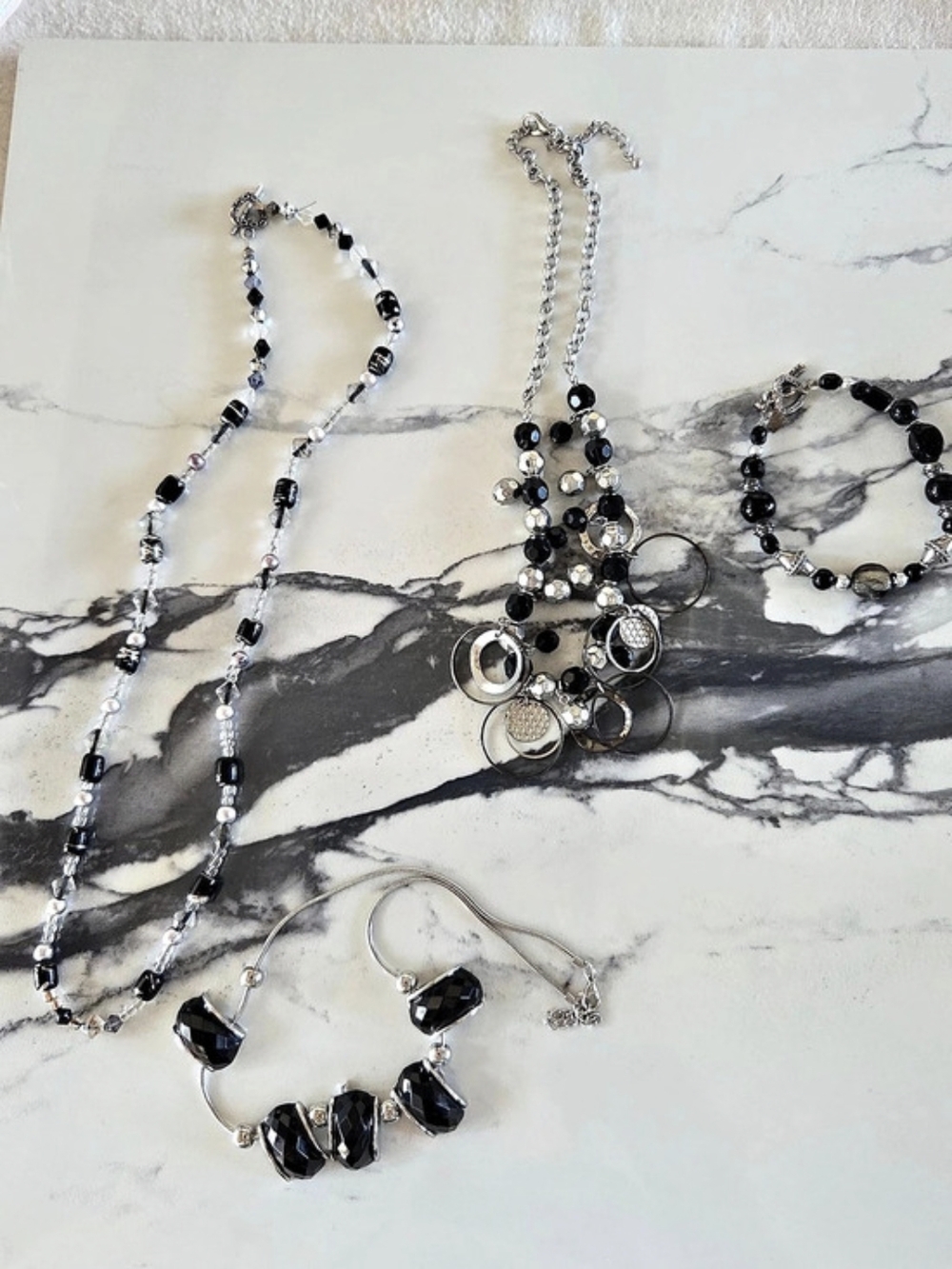 Black & Silver Jewelry Lot: Necklaces & Toggle Bracelet Set Of 4